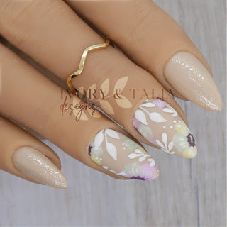 Neutral Hand-painted Floral Press On Nail Design
